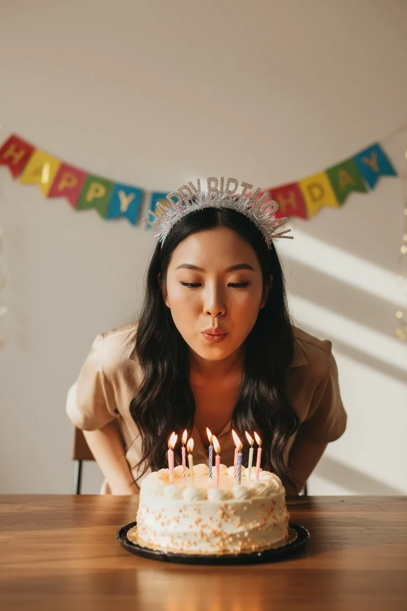 Woman wearing a sparkling birthday headband while blowing out cake candles
