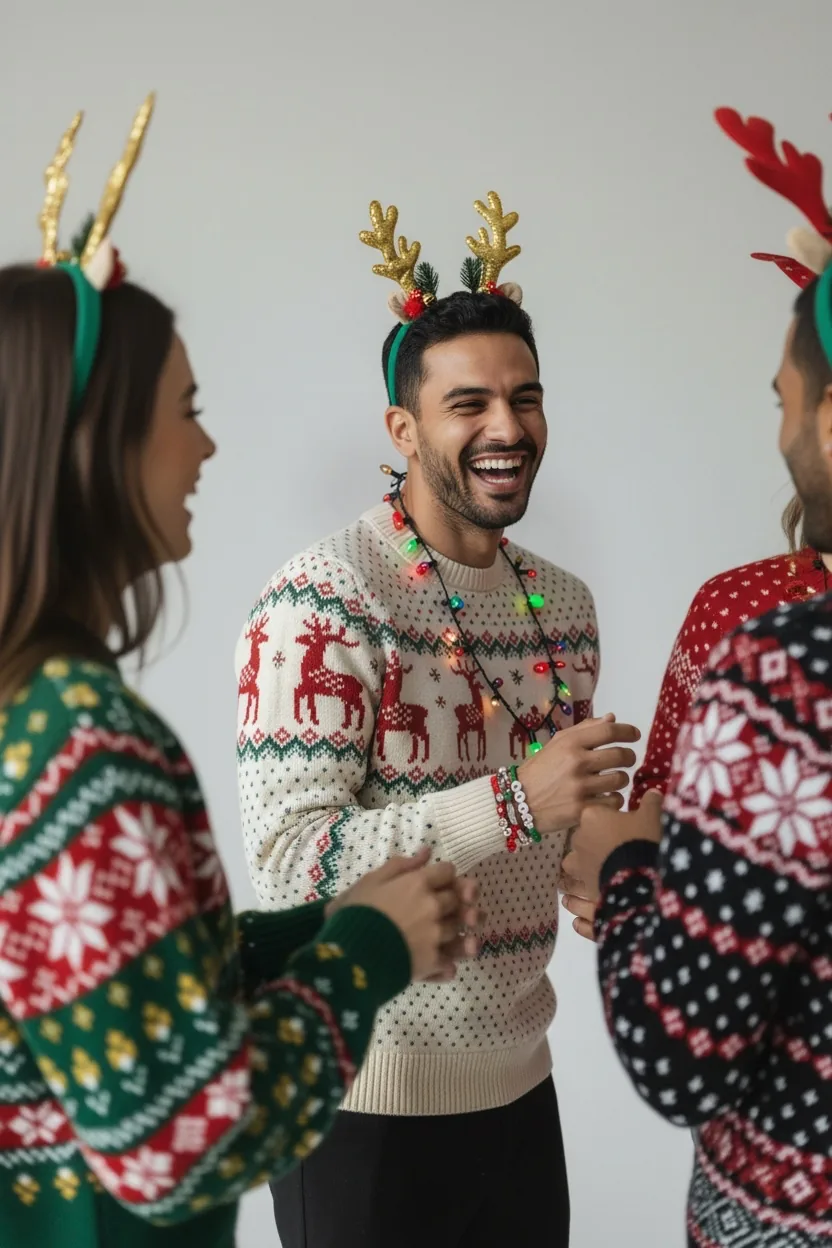 Friends celebrating Christmas in festive headbands, necklaces, and bracelets