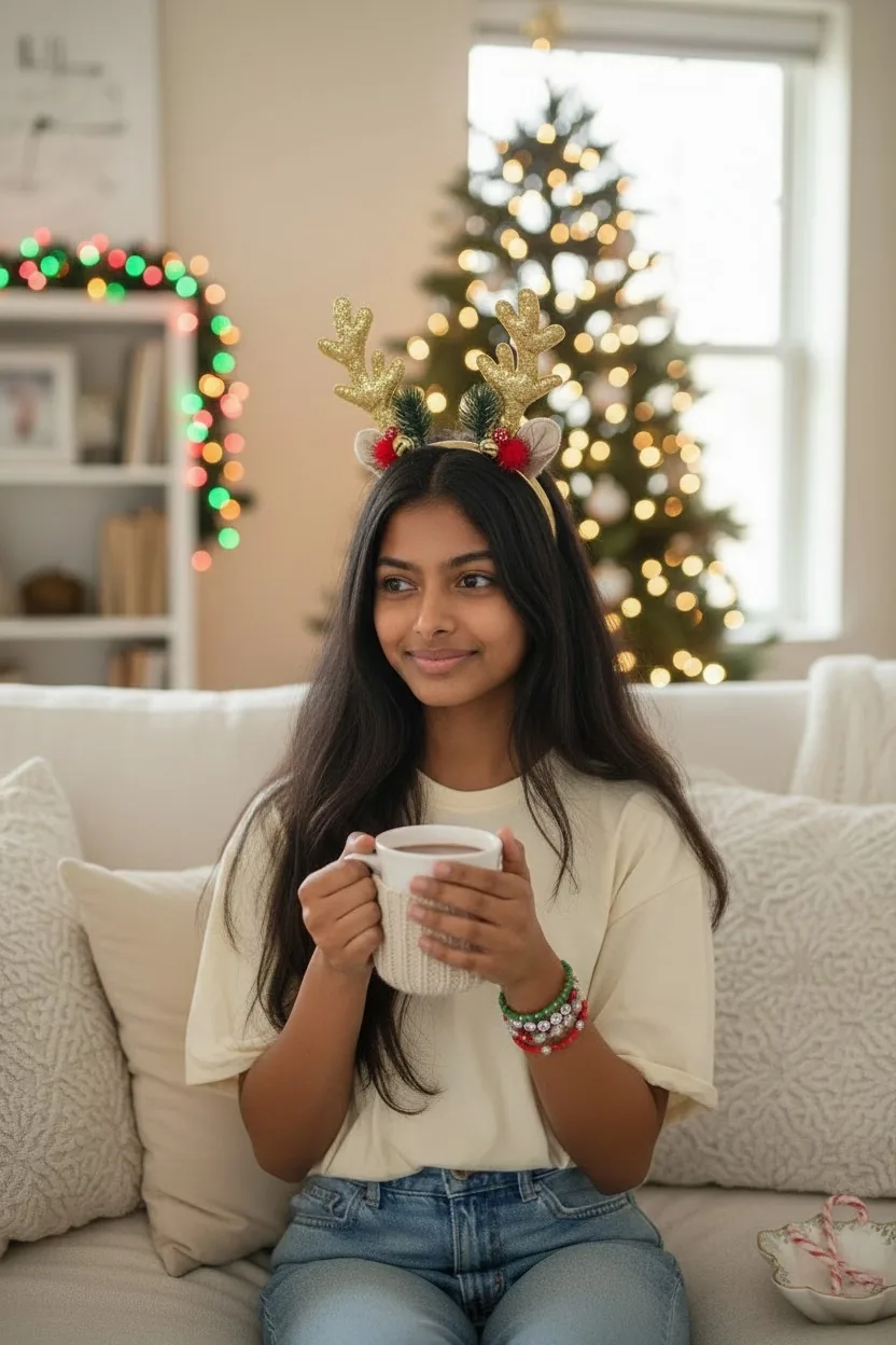Woman wearing reindeer antlers and festive necklaces for Christmas