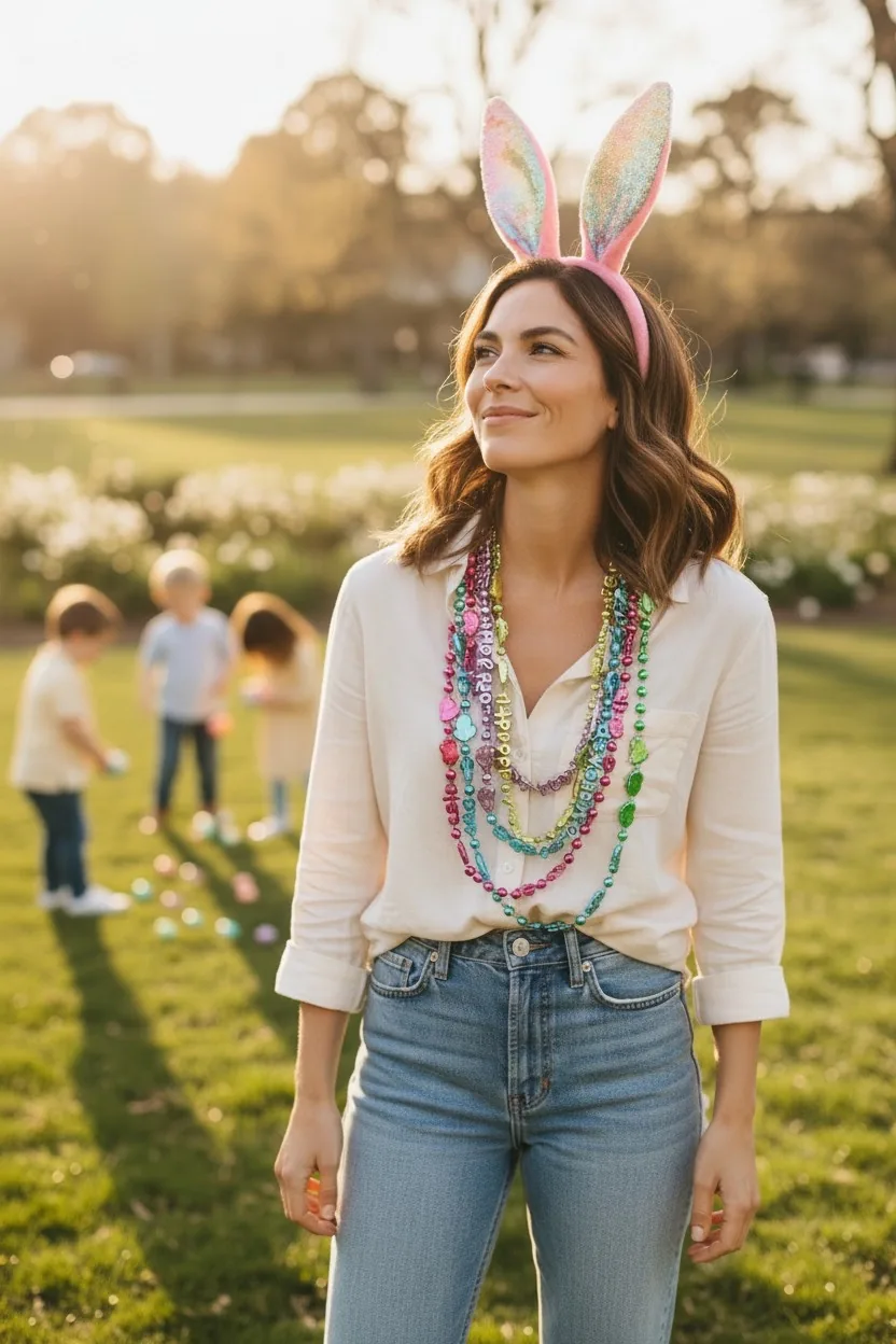 Woman celebrating Easter in pastel bunny ears and necklaces