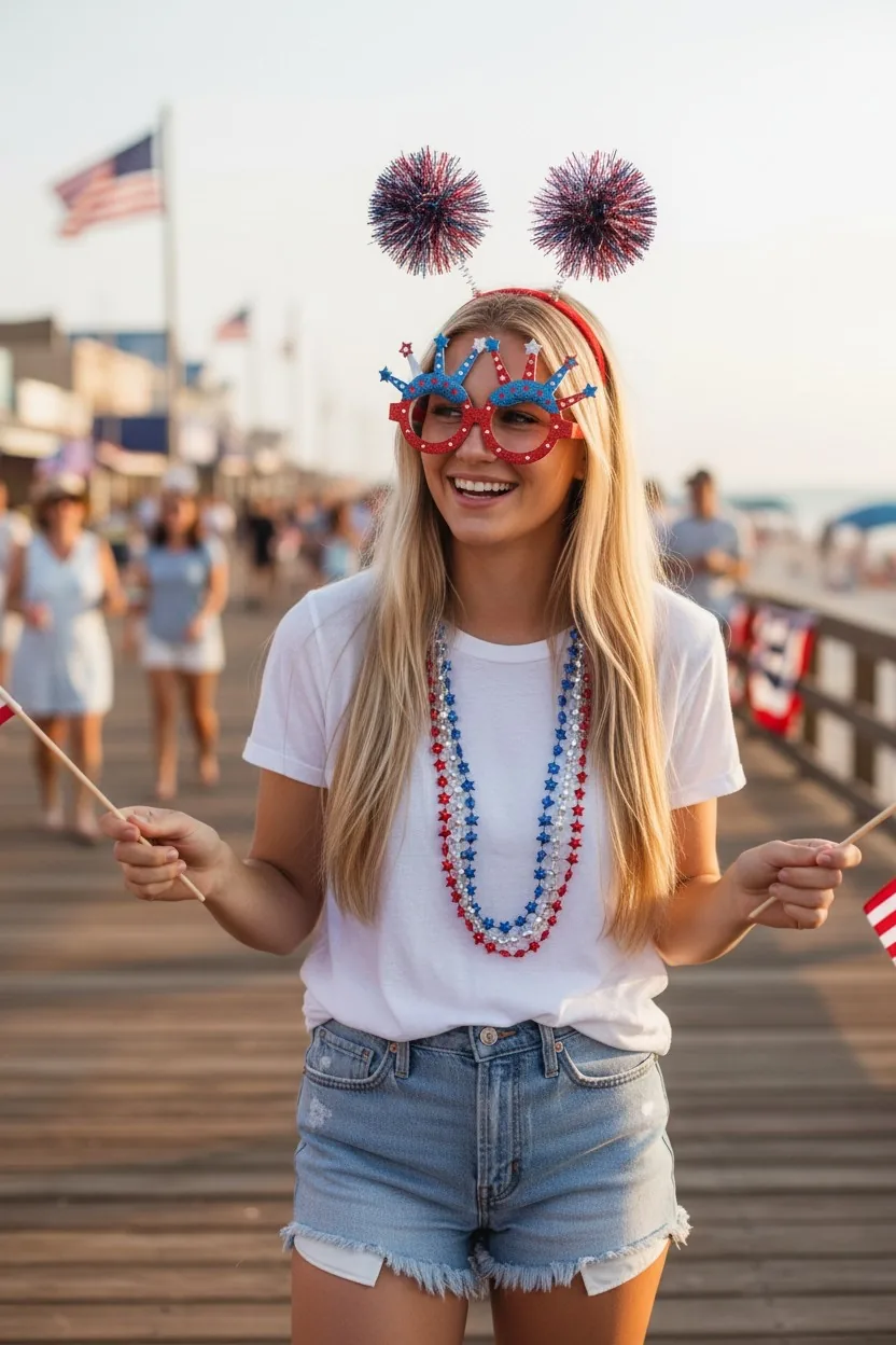 Woman in red, white, and blue accessories celebrating the Fourth of July