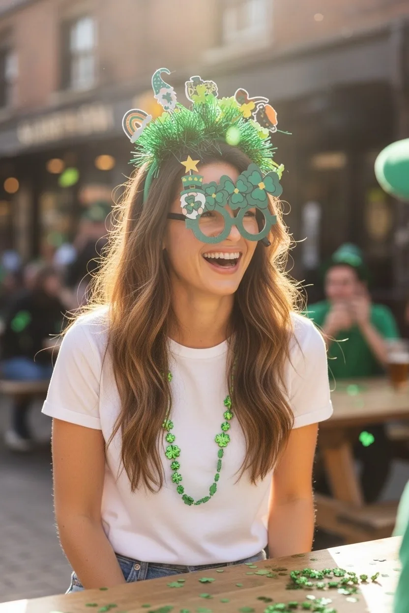 Woman wearing a shamrock headband and green necklaces for St. Patrick's Day