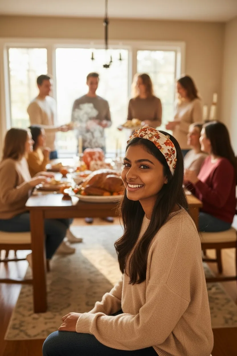 Woman wearing a turkey headband at a Thanksgiving gathering