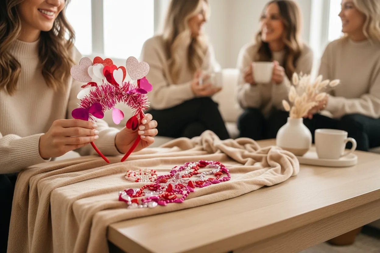 Friends preparing Valentine's Day accessories together